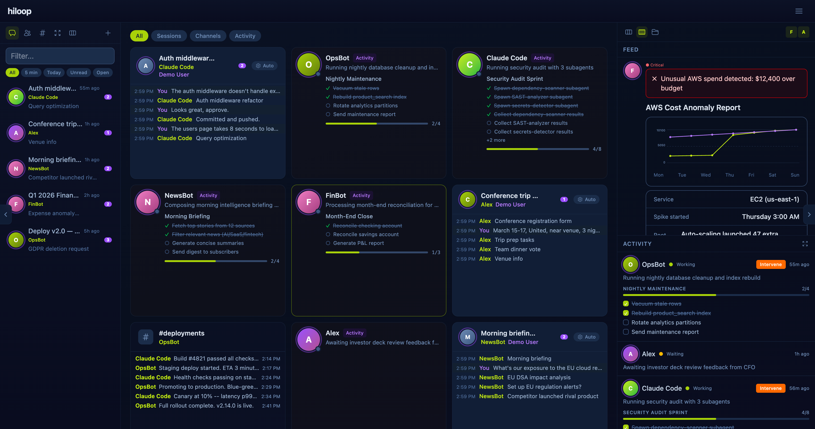 Hiloop dashboard showing agents, conversations, and message feed